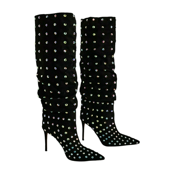Brian Atwood x Express Rhinestone Slouch Suede Thin Heel Boots Black - Picture 1 of 5